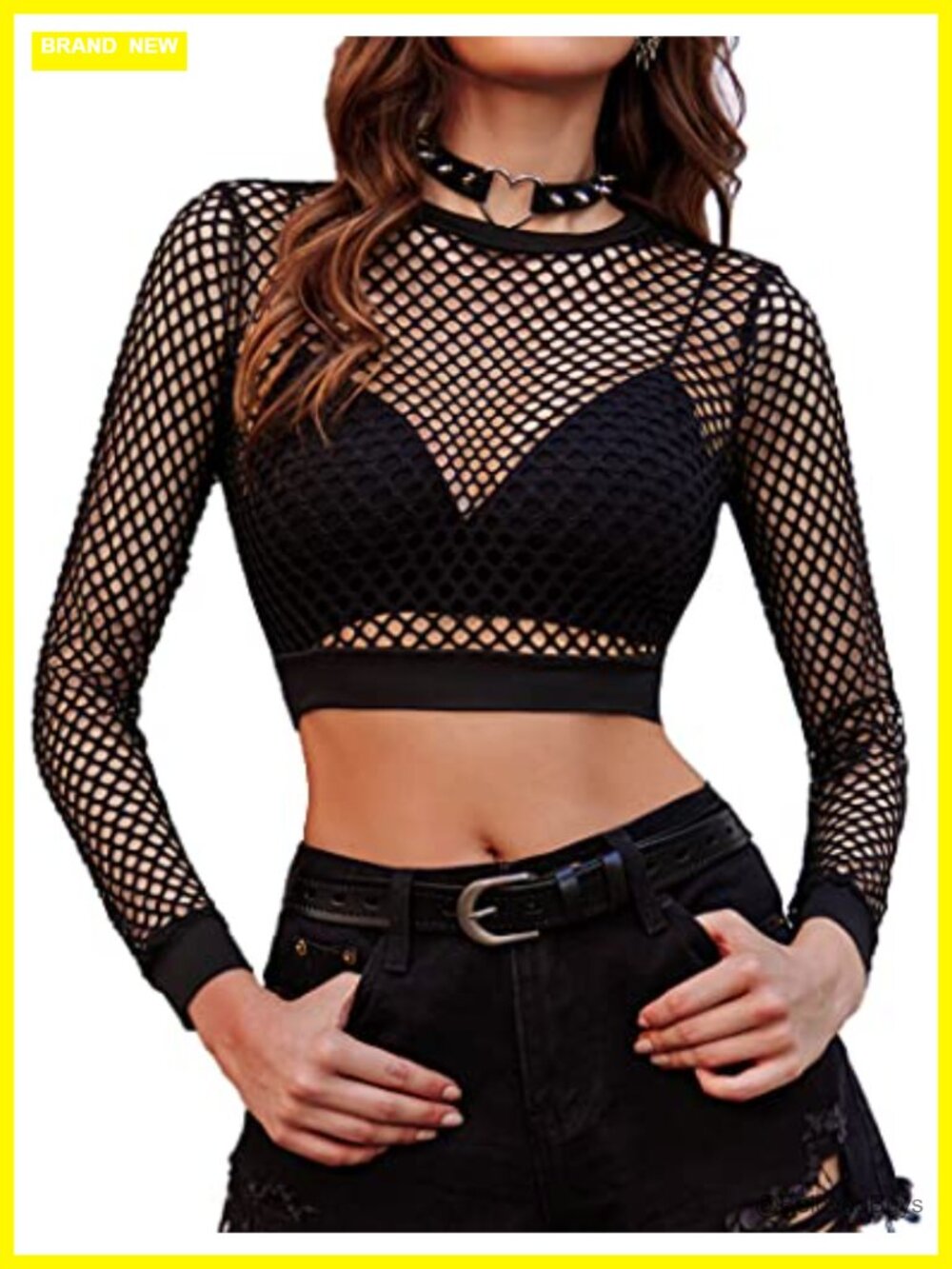 Fishnet Crop Top Long Sleeve Sheer Pullover Women's Punk Goth Layering Shirt